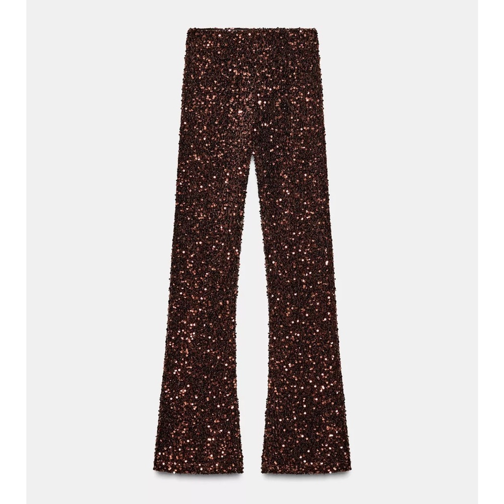 Zara Flare Velvet Sequin Pants / Leggings - Dark Brown